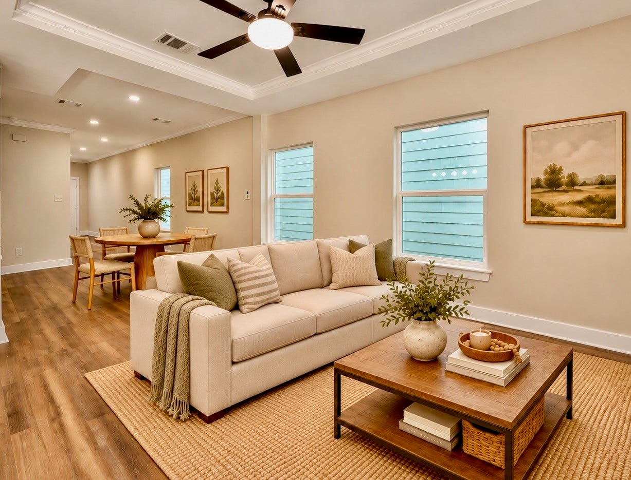 6628 Nielan Street, Houston, TX 77028 Looking back toward the family room, the open layout creates a natural connection between the kitchen, dining, and living areas. Nine-foot ceilings, luxury vinyl plank flooring, and recessed lighting enhance the spacious feel. | Virtually Staged
