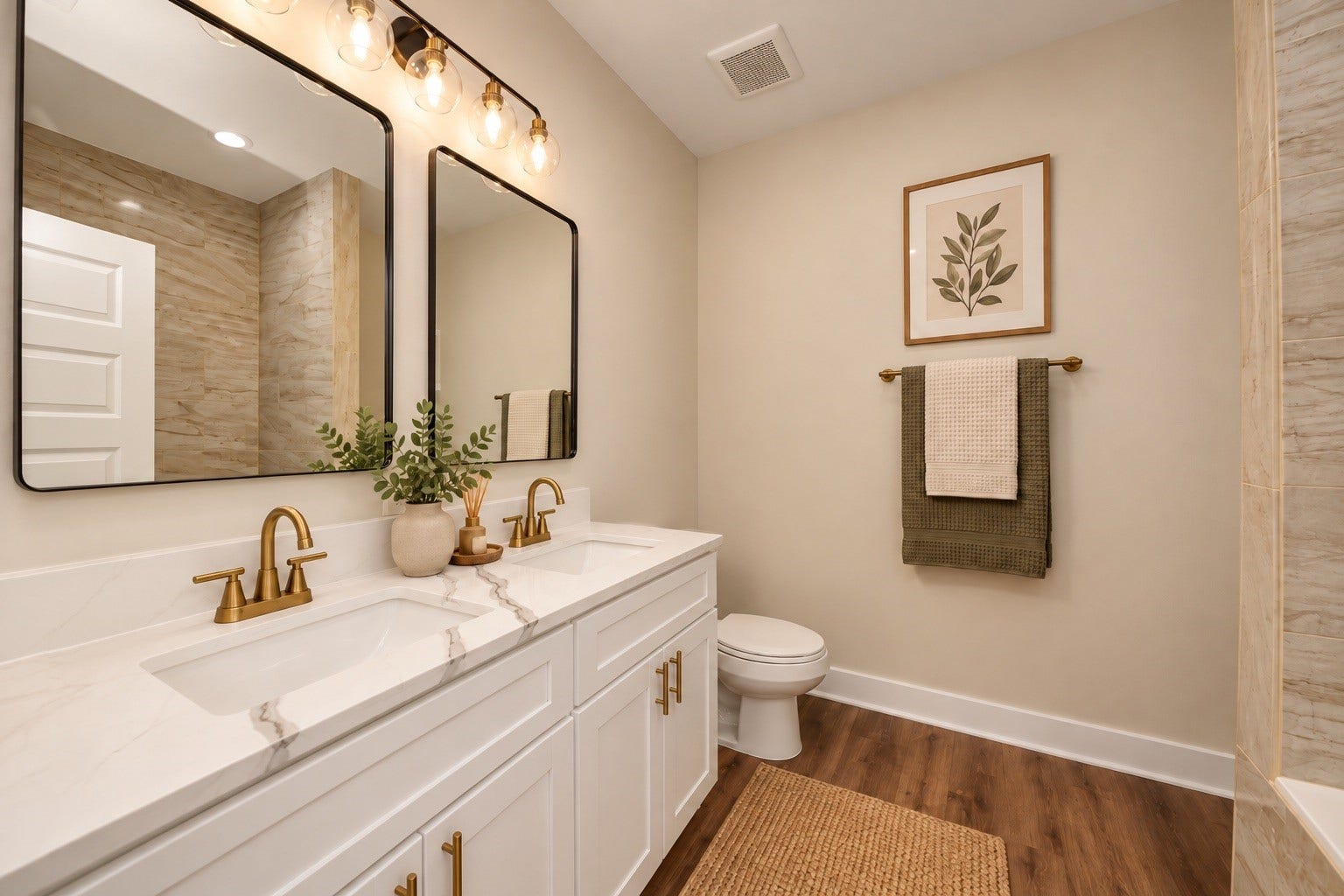 6628 Nielan Street, Houston, TX 77028 The primary bathroom features a dual-sink vanity with quartz countertops, modern fixtures, and ample cabinet storage. A soaking tub complete the private en-suite bathroom. | Virtually Staged