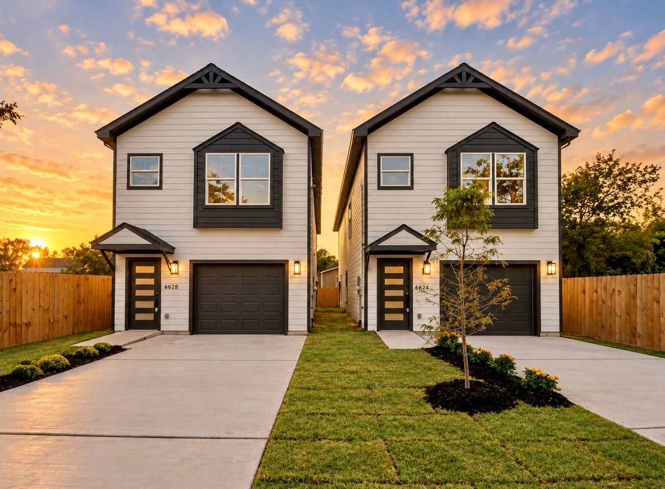 6628 Nielan Street, Houston, TX 77028 Another look at 6628 and neighboring 6624 Nielan Street, two new homes featuring identical floor plans with contemporary finishes, contrasting exterior accents, and thoughtfully designed living spaces.