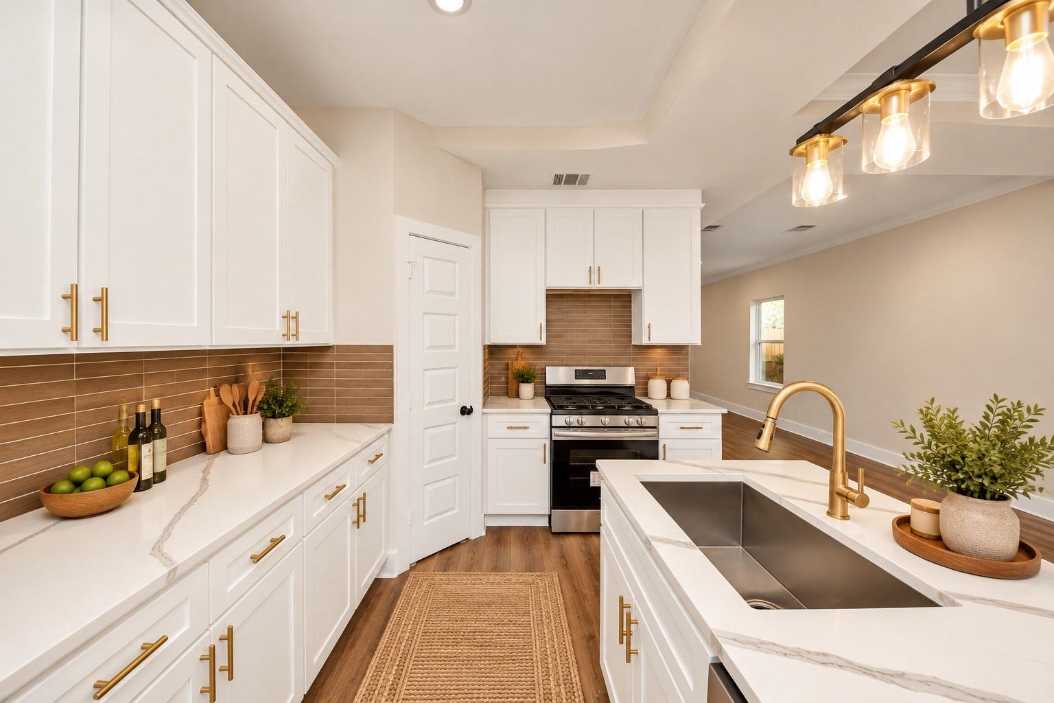 6628 Nielan Street, Houston, TX 77028 The kitchen combines white cabinetry, quartz countertops, contrasting hardware, and a decorative backsplash with stainless steel appliances, including an electric range, microwave, and dishwasher. | Virtually Staged