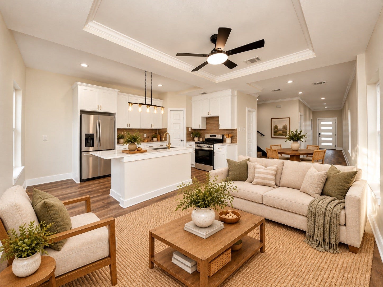 6628 Nielan Street, Houston, TX 77028 A wider view of the main living area highlights the seamless flow between the family room and kitchen. Luxury vinyl plank flooring, crown molding, and the spacious kitchen island bring the space together. | Virtually Staged
