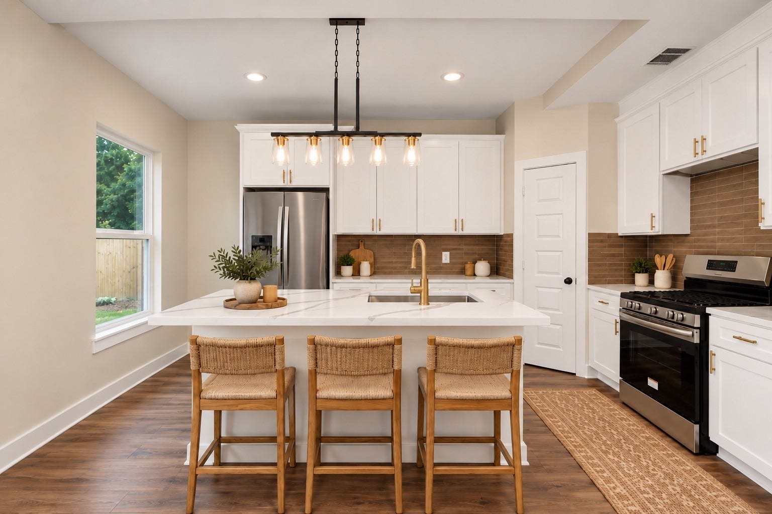 6628 Nielan Street, Houston, TX 77028 The kitchen combines white cabinetry, quartz countertops, contrasting hardware, and a decorative backsplash with stainless steel appliances, including an electric range, microwave, and dishwasher. | Virtually Staged