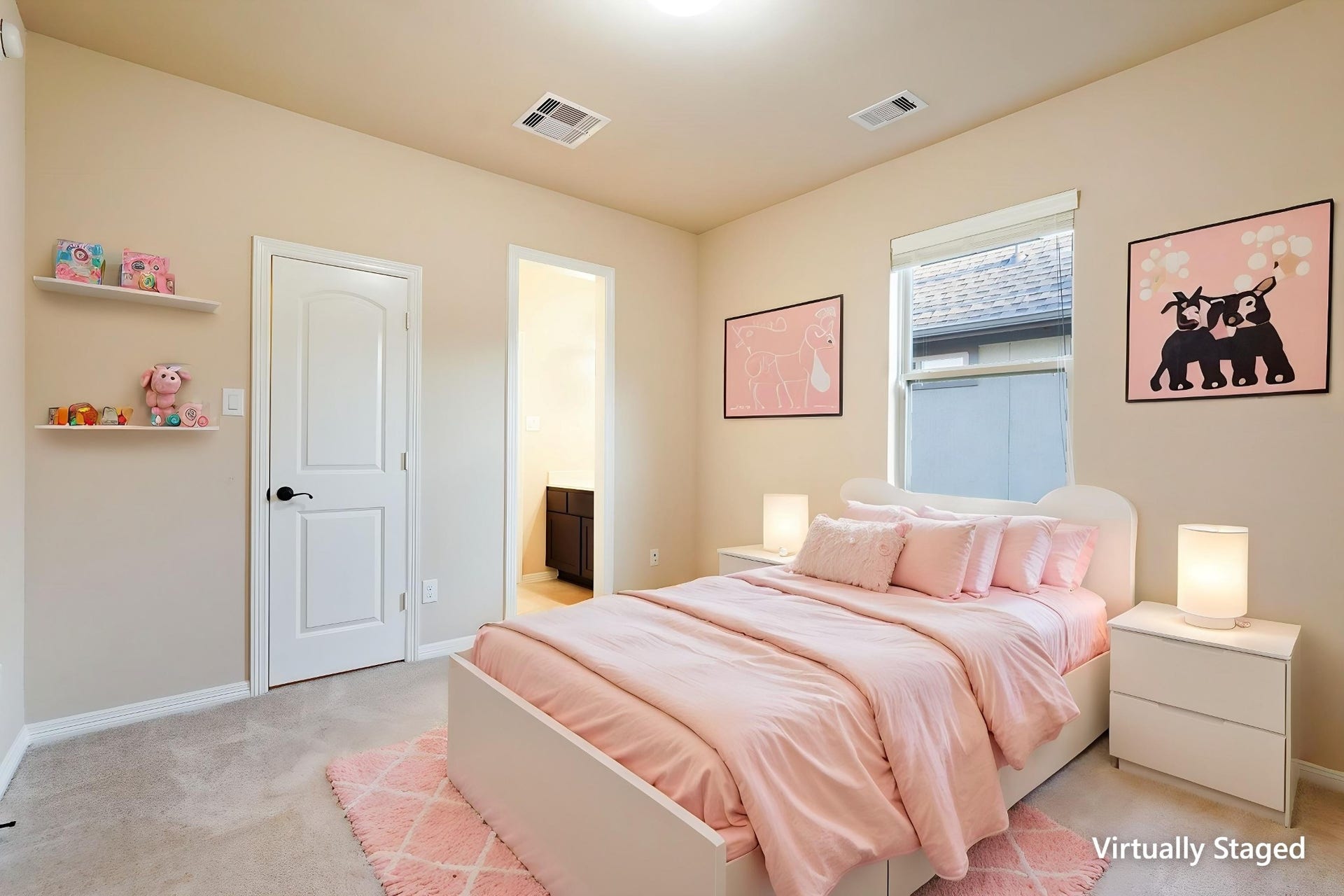3102 Barrons Way, Sugar Land, TX 77479 SECOND Flr-Bed#4: *Virtually Staged* This photo shows a cozy, carpeted bedroom with neutral walls, a window providing natural light, and a door leading to an adjacent bathroom.