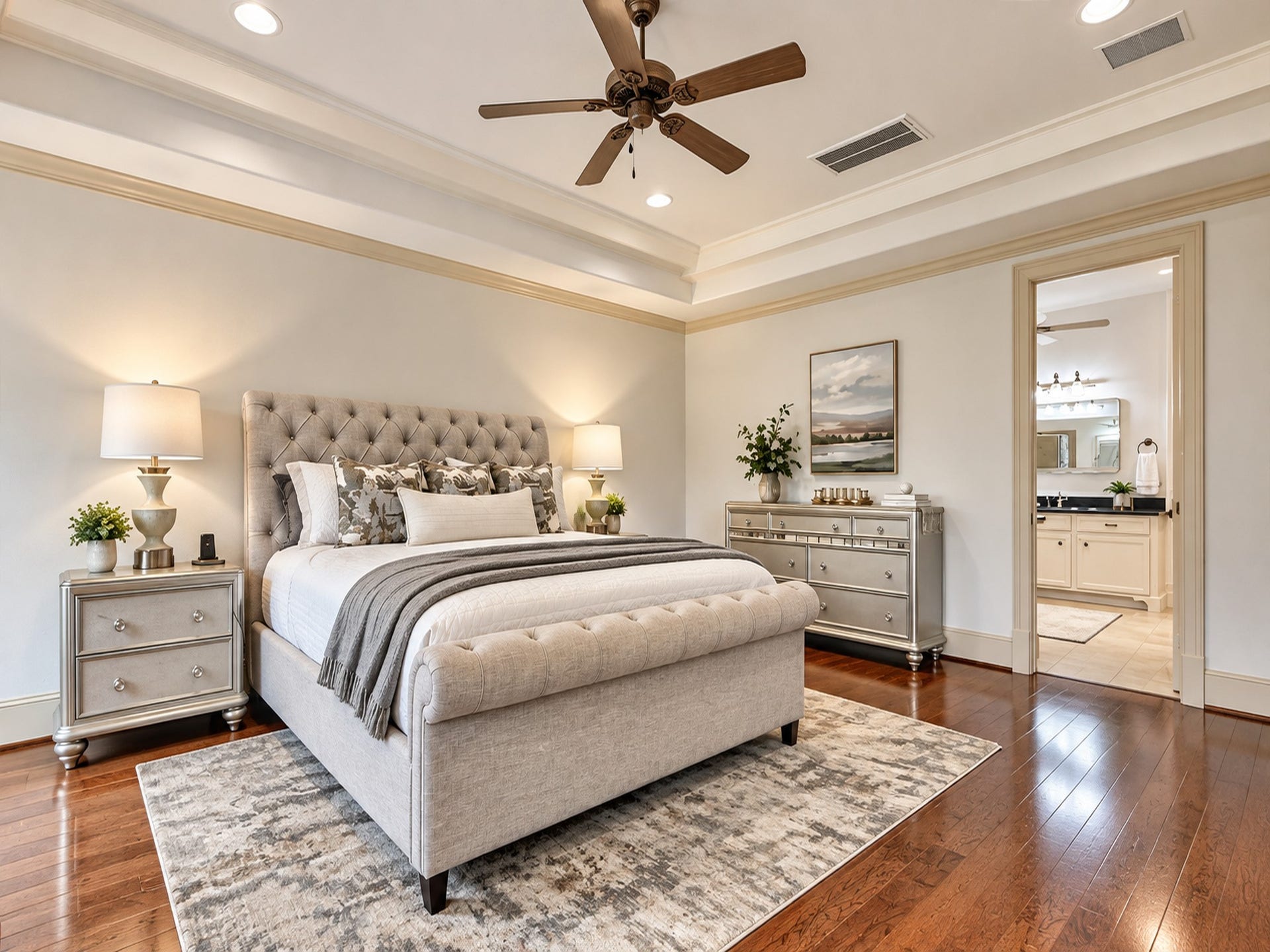 25207 Hideaway Run Drive, Spring, TX 77389 Primary Bedroom is huge with coffered ceilings and a fabulous backyard pool view