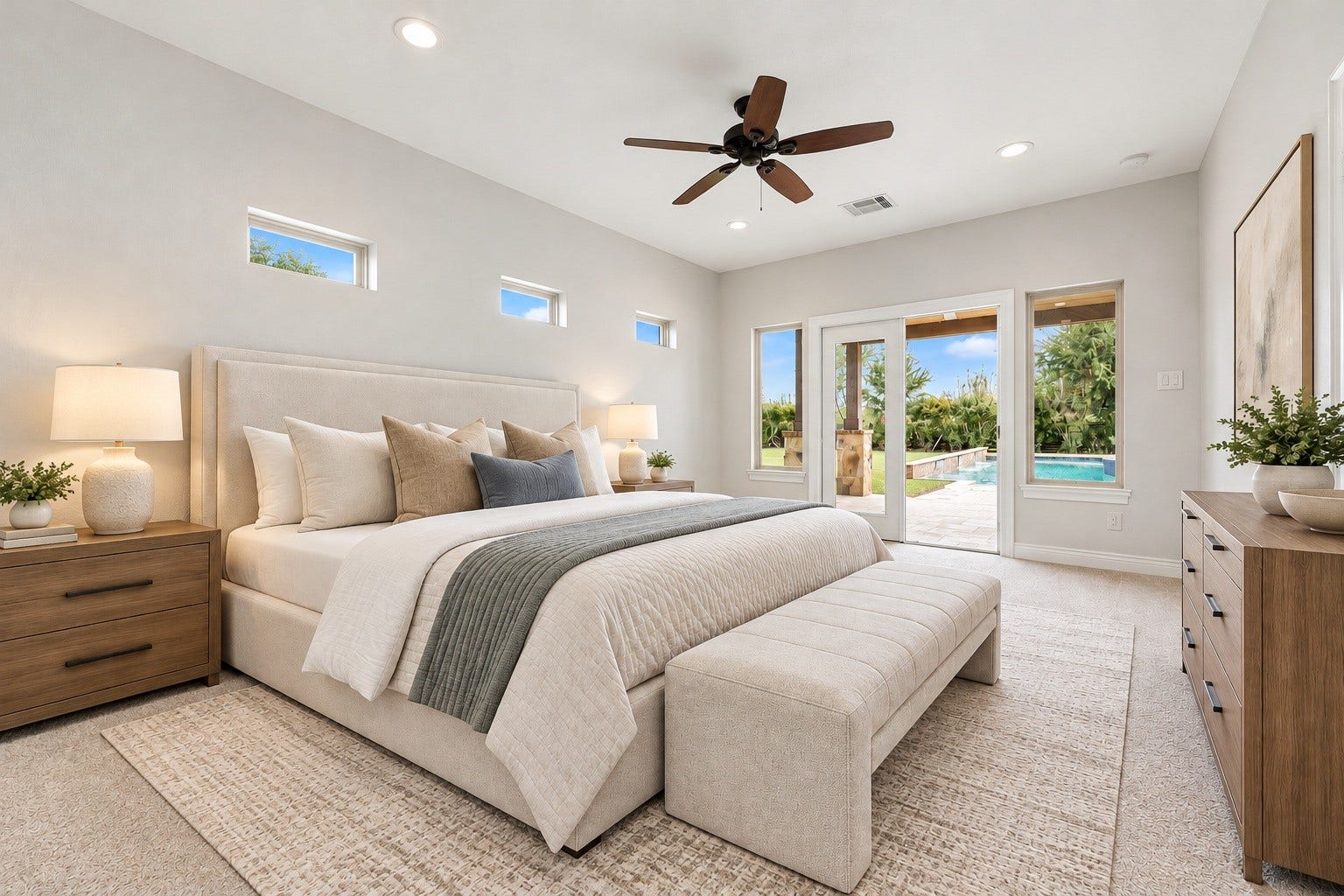 5127 Beekman Drive, Missouri City, TX 77459 The casitas private bedroom offers direct access to the patio and pool views through French doors, with abundant natural light throughout. Virtually staged.