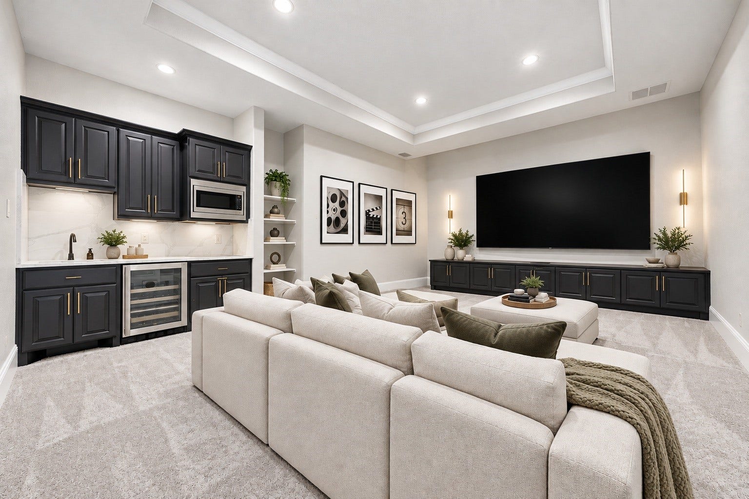 5127 Beekman Drive, Missouri City, TX 77459 Downstairs, an entertainers dream awaits, a private media and theater room complete with a wet bar, mini fridge, and sink, perfect for hosting unforgettable movie nights. Virtually staged.