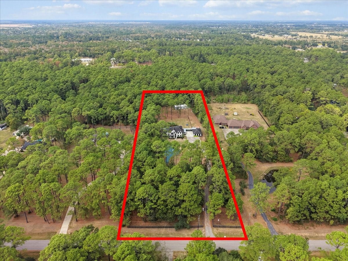 7202 Pine Drive W, Alvin, TX 77511 Expansive wooded five acre property offering privacy and natural beauty, featuring a spacious home nestled among the trees, perfect for serene living.