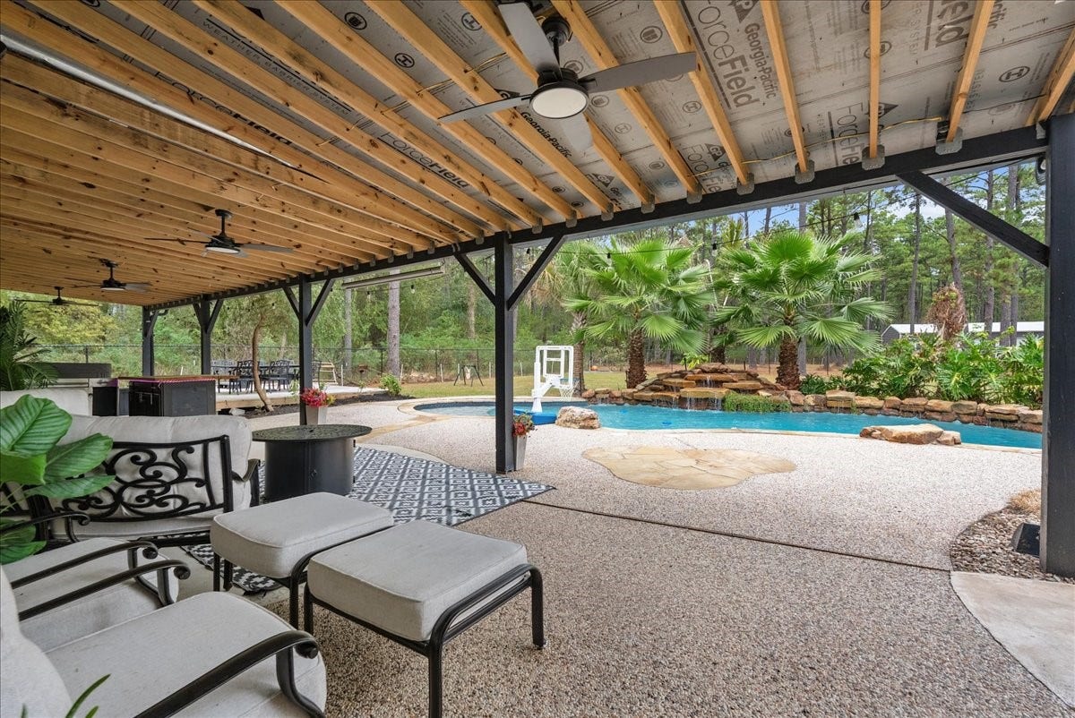 7202 Pine Drive W, Alvin, TX 77511 Experience outdoor living at its finest with this stunning covered patio, featuring elegant seating, ceiling fans, and a view of the sparkling pool and lush landscaping.