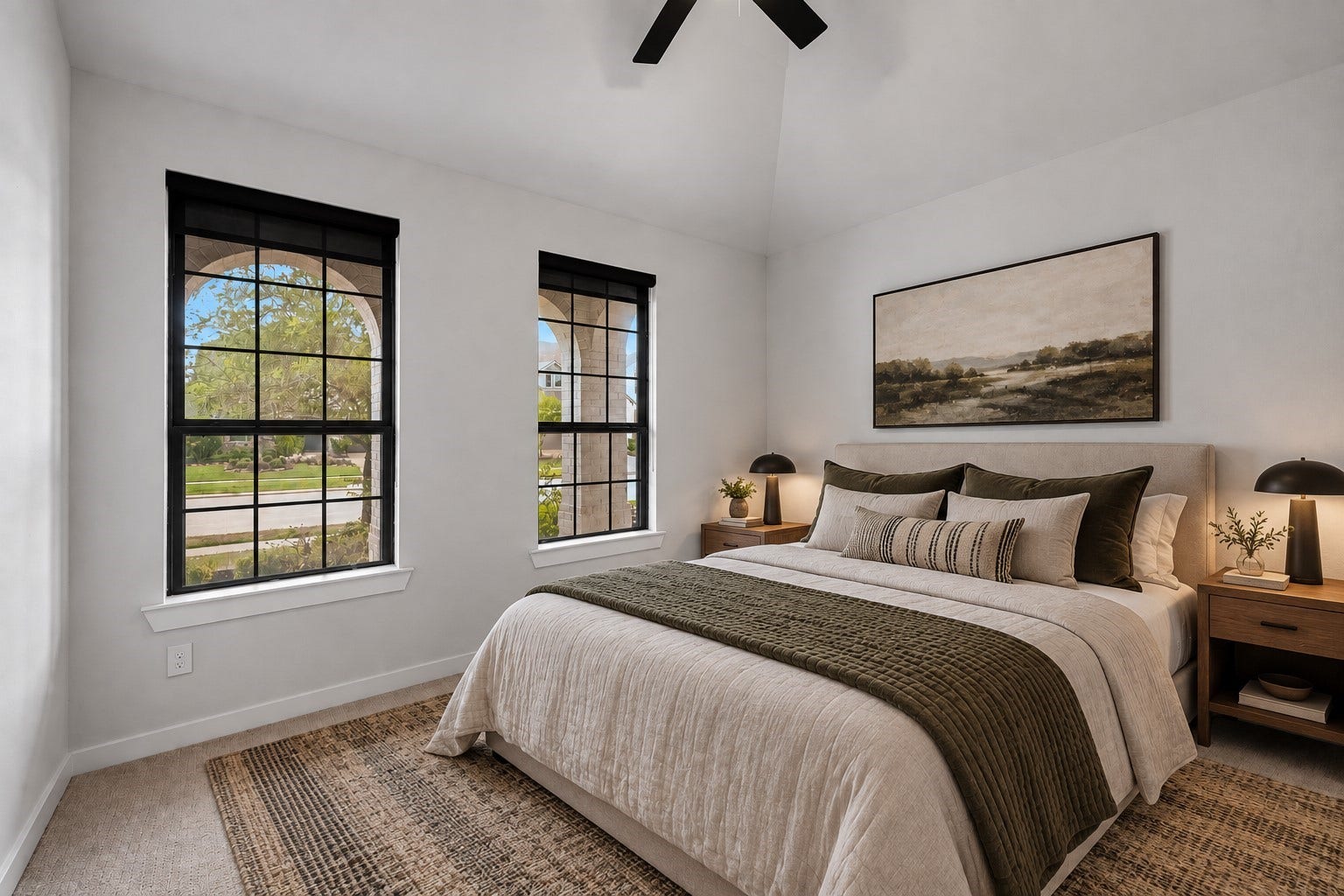 Nestled away quietly at the front of the home is the first of the secondary bedrooms. This room features high ceilings, ceiling fan, plush carpet, and large windows. *This photo is virtually staged