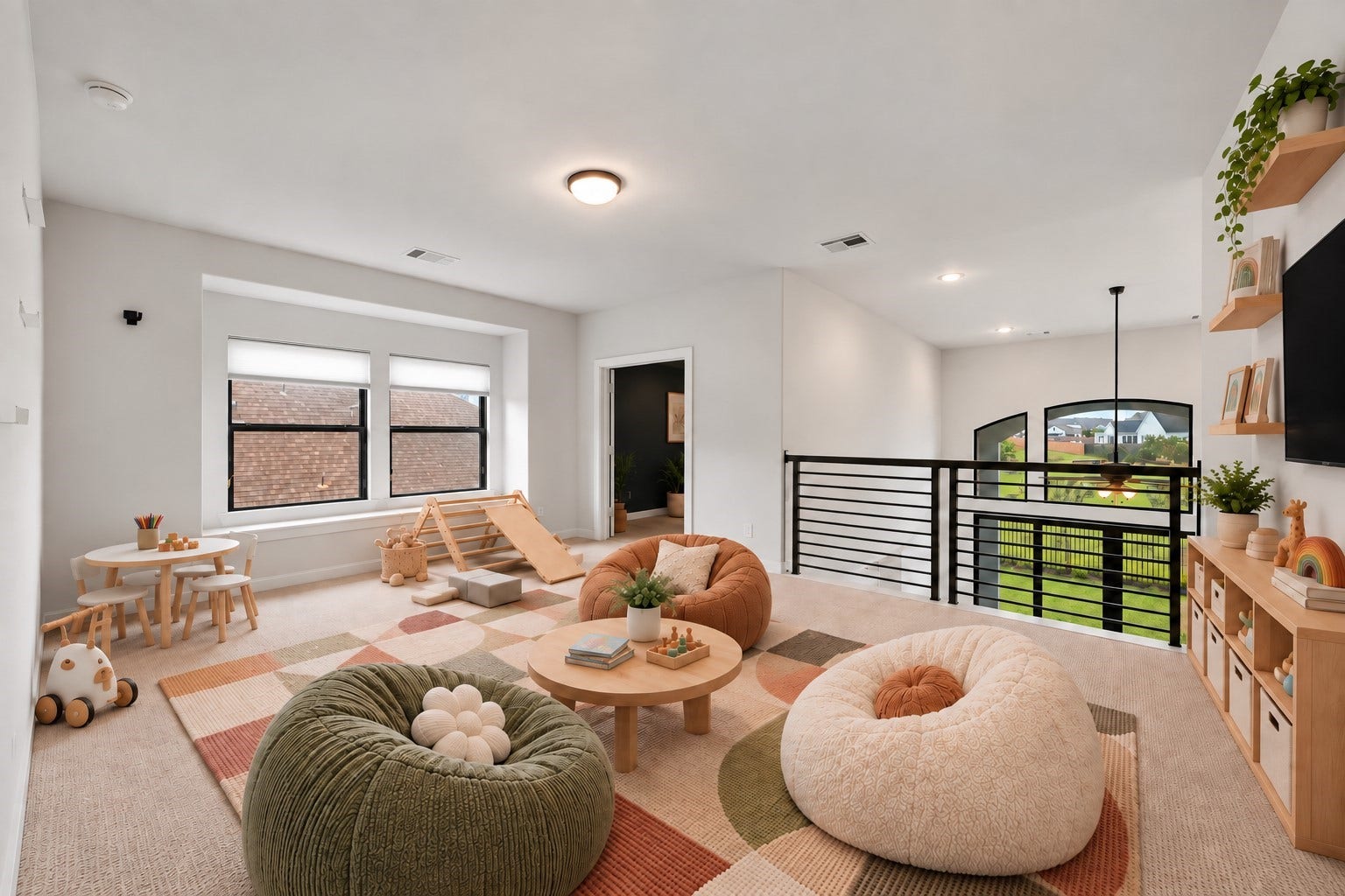 Upstairs you walk into a large game room that's perfect for a play room, tv's, or a lounging space!  *This room has been virtually staged