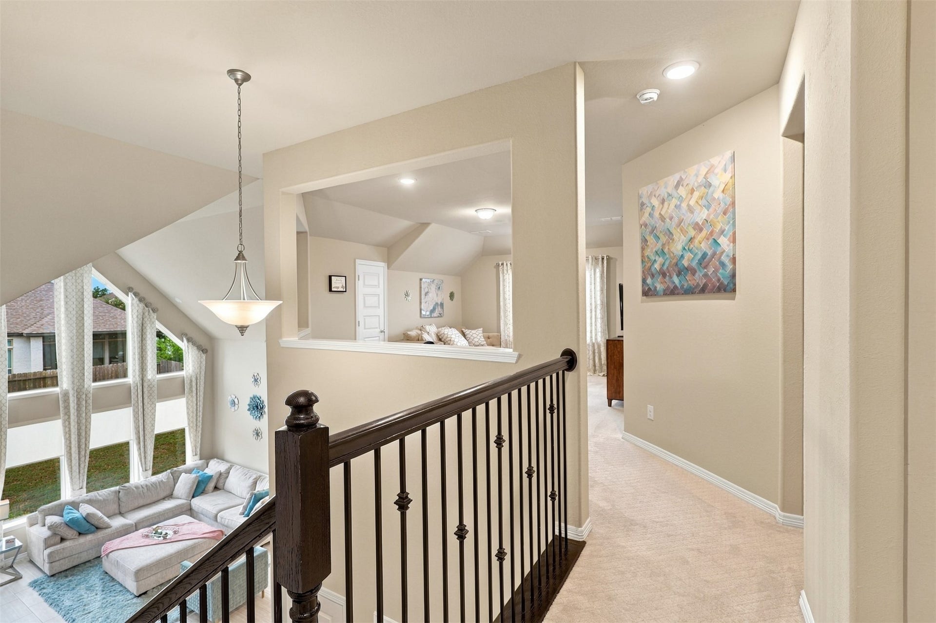 1719 Country Air Lane, Missouri City, TX 77459 WOW! WHAT A SPECTACULAR VIEW FROM ABOVE! The breathtaking architectural beauty continues upstairs, where elegant open railings overlook the magnificent two-story family room below! Stunning recessed lighting, beautiful neutral finishes, and an impressive open design create an atmosphere of timeless elegance! Follow the upstairs walkway to the PRIVATE LEFT WING, where you'll discover a fabulous GAME ROOM perfect for entertaining and an incredible GUEST SUITE with its own PRIVATE FULL BATHROOM!
