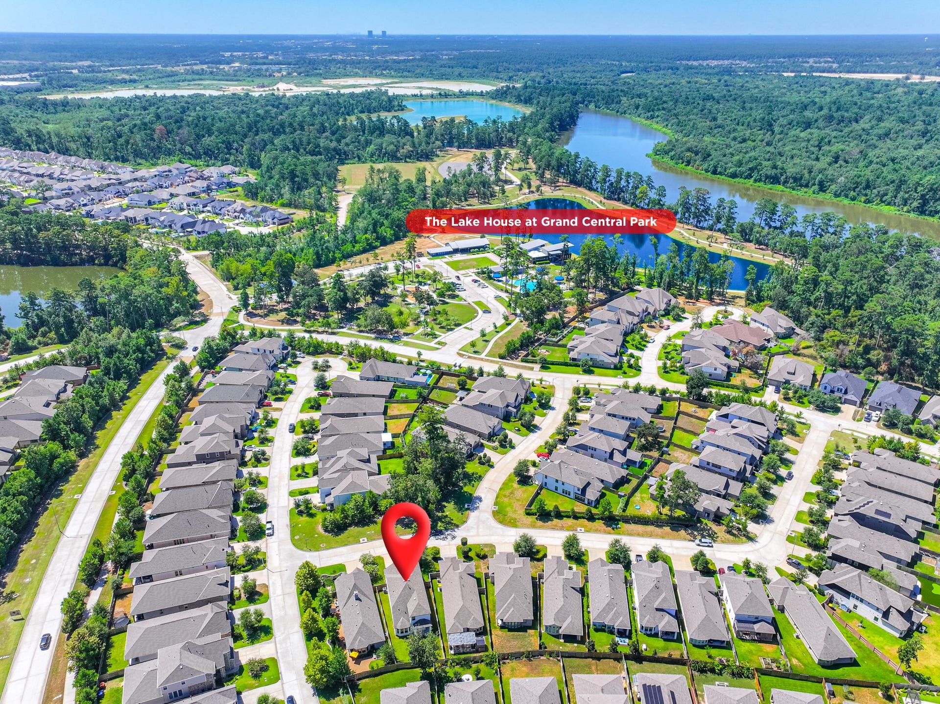 706 Santa Elena Trail, Conroe, TX 77304 Aerial map pinpointing 706 Santa Elena Trail's prime location within Grand Central Park one of Montgomery County's most sought-after master-planned communities, just minutes from the scenic 88-acre Grand Lake, walking trails, parks, and top amenities.