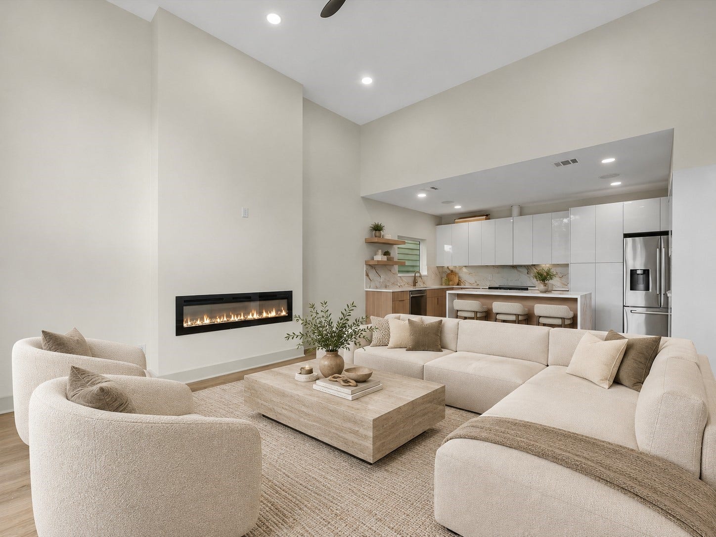 3307 Delhi Street, Houston, TX 77022 Unit #1 (first floor): Two story living room area, with fire place. **Virtually Staged