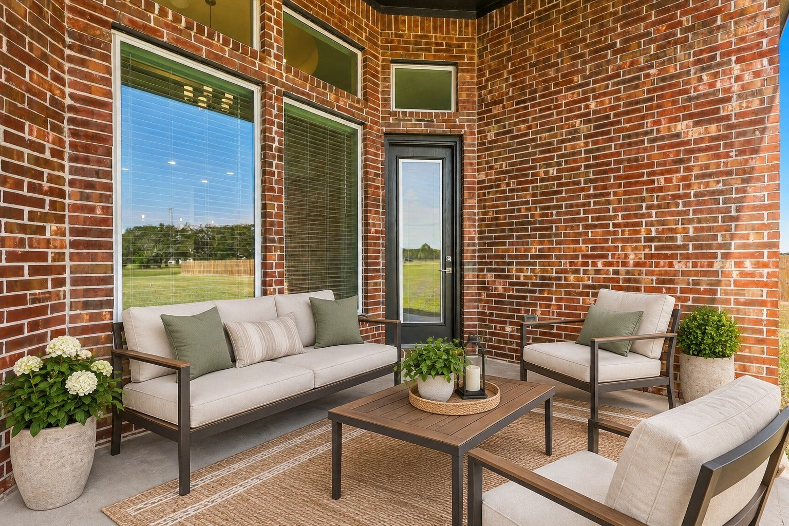 1051 Lakeland Circle, Rosharon, TX 77583 YOUR PRIVATE OUTDOOR RETREAT AWAITS! Step onto this CHARMING covered patio featuring beautiful exposed brick walls, expansive windows, and convenient access to the home! Imagine enjoying your morning coffee, relaxing in the fresh air, or entertaining guests in this inviting outdoor space! A WONDERFUL place to unwind! **Photo is Virtually Staged**