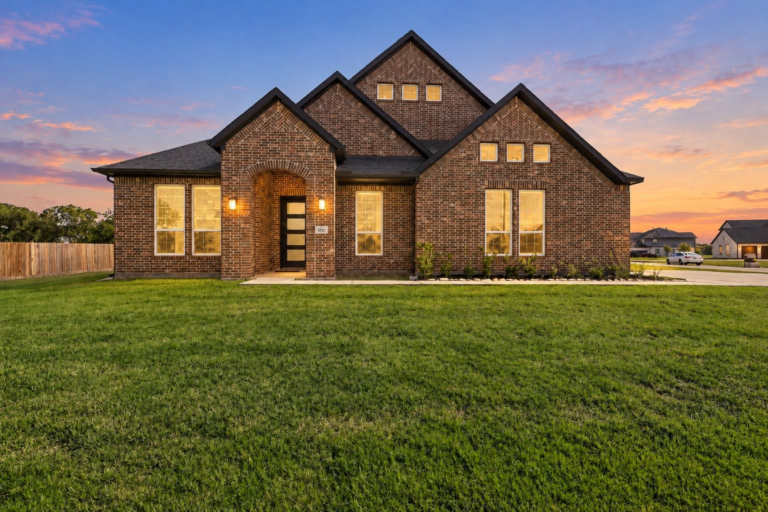 1051 Lakeland Circle, Rosharon, TX 77583 WOW! CURB APPEAL AT ITS FINEST! Prepare to FALL IN LOVE with this beautiful new all brick home by CastleRock Community Homes featuring striking architectural details, a welcoming covered front entry, and a SPACIOUS, beautifully maintained lawn! The warm glow of the windows creates an inviting atmosphere! A BEAUTIFUL first impression!