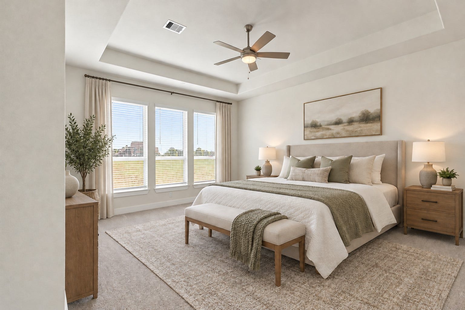 1051 Lakeland Circle, Rosharon, TX 77583 YOUR LUXURIOUS PRIVATE PRIMARY RETREAT AWAITS! Prepare to FALL IN LOVE with this SPACIOUS SANCTUARY featuring a DRAMATIC SOARING TRAY CEILING, stylish ceiling fan & LARGE WINDOWS showcasing PEACEFUL VIEWS of your IMPRESSIVE ONE-ACRE PROPERTY! SOFT PLUSH CARPETING adds warmth & comfort, while the generous layout offers wonderful possibilities for creating your DREAM BEDROOM! Imagine waking up to beautiful natural light & relaxing in your own PRIVATE ESCAPE! Photo is Virtually Staged.