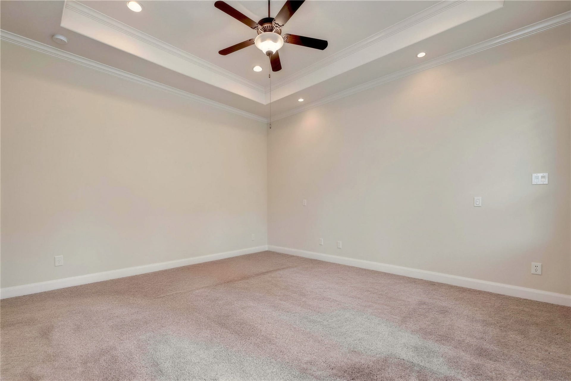 19 Herons Flight Place, Spring, TX 77389 Spacious room featuring a tray ceiling with recessed lighting and a ceiling fan, complemented by soft carpet flooring and neutral walls.