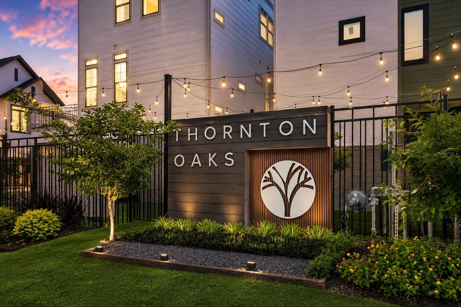 738 Curtin Street, Houston, TX 77018 Thornton Oaks entry monument with lush landscaping and boutique identity