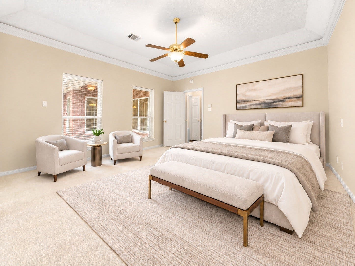 1602 Hannington Drive, Katy, TX 77450 The spacious primary suite is privately positioned within the one-story floor plan and includes two walk-in closets. Virtually staged.