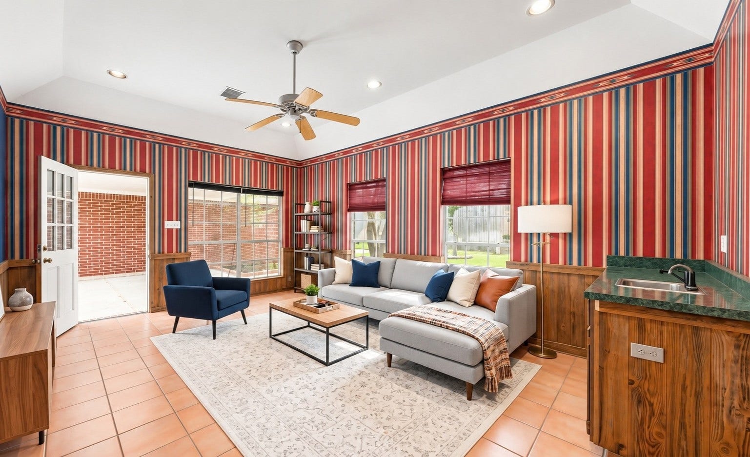 1602 Hannington Drive, Katy, TX 77450 The separate casita includes its own living area with built-in cabinetry and sink, creating comfortable space for extended stays. Virtually staged.