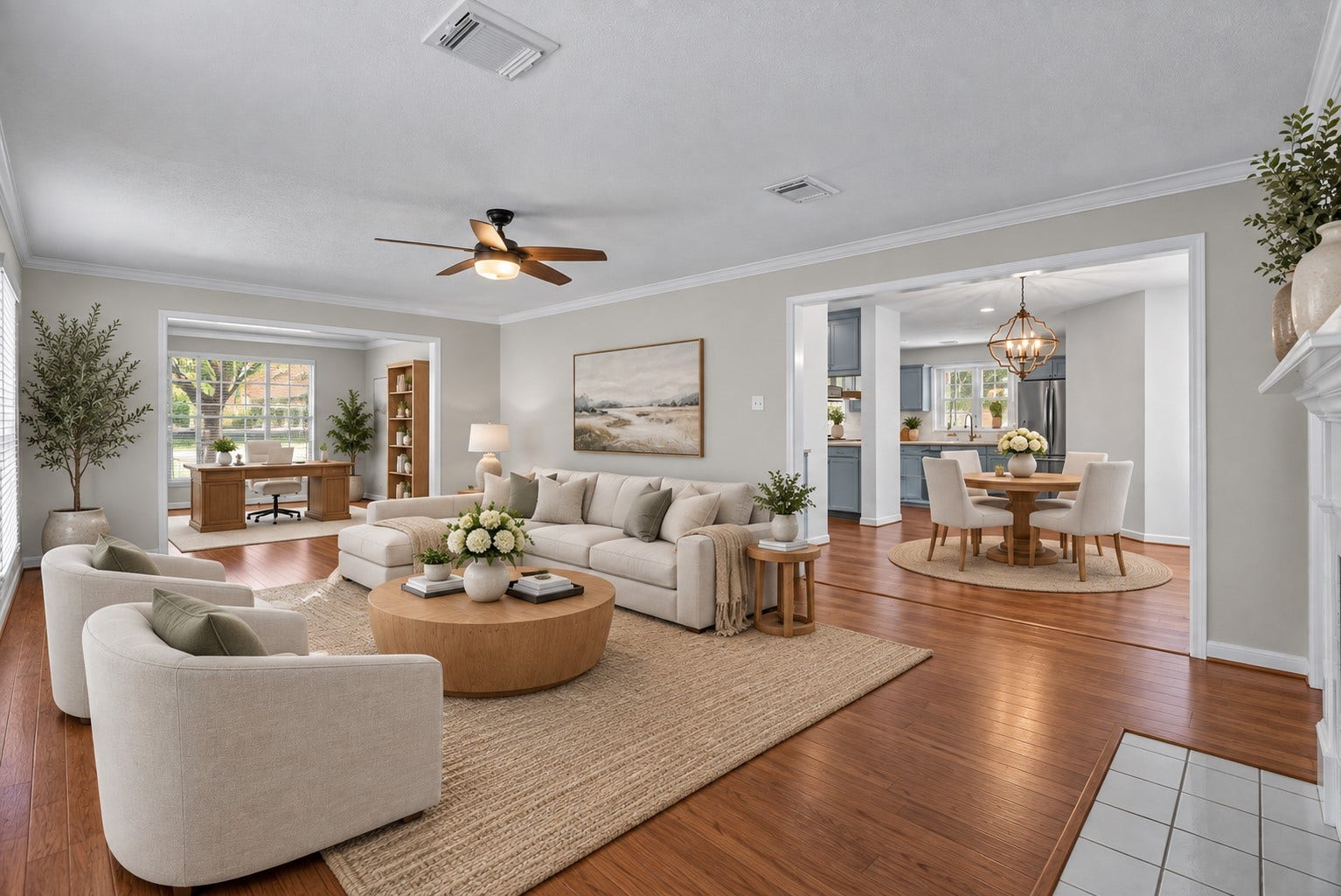 2108 Cherry Hills Drive, League City, TX 77573 Expansive living room anchored by a cozy fireplace.