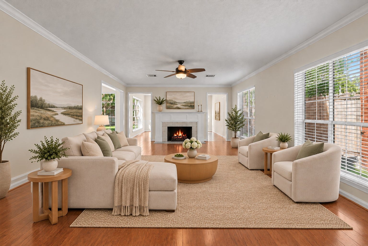 2108 Cherry Hills Drive, League City, TX 77573 Expansive living room anchored by a cozy fireplace.