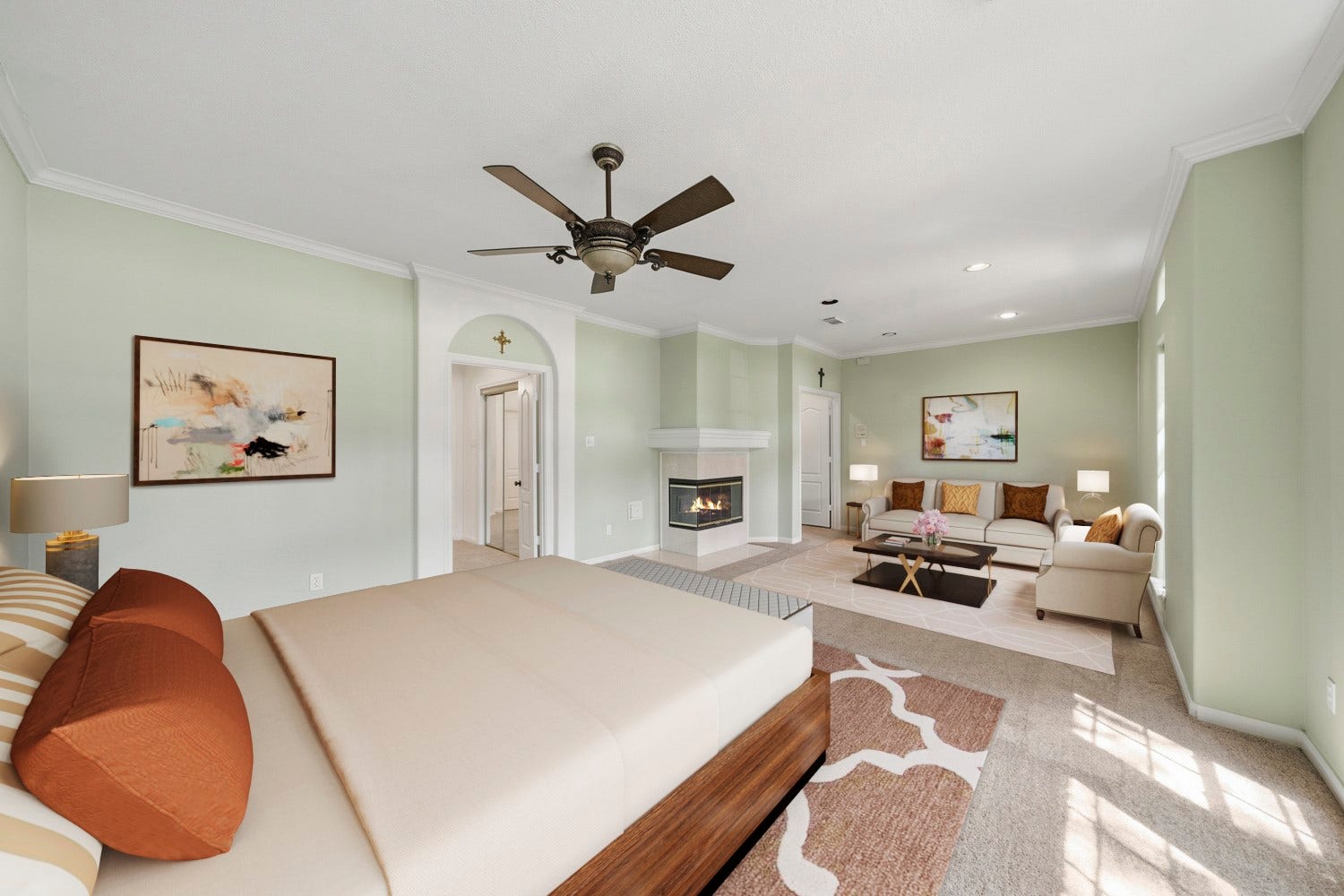 16 Fosters Court, Sugar Land, TX 77479 Virtually Staged: The generous layout features soft carpeting, crown molding, a ceiling fan, and a fireplace, with plenty of room for a full comfortable sitting area.