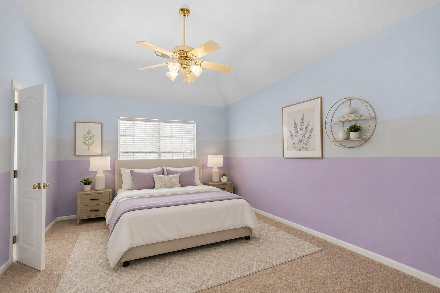 16 Fosters Court, Sugar Land, TX 77479 Virtually Staged: This spacious secondary bedroom features a vaulted ceiling, ceiling fan, soft carpeting, and a large window that brings in natural light. The generous layout offers plenty of flexibility for a full bedroom suite, additional storage, a study area, or comfortable seating.
