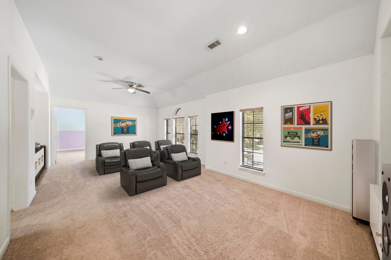 16 Fosters Court, Sugar Land, TX 77479 Virtually Staged: This spacious, flexible room offers the perfect opportunity to create a cozy home theater, with plenty of room for comfortable theater-style seating and entertainment.