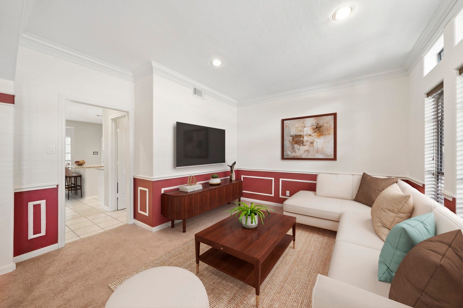 16 Fosters Court, Sugar Land, TX 77479 Virtually Staged: The flexible layout offers plenty of room for comfortable seating and an entertainment center, with easy access to the adjoining areas of the home.