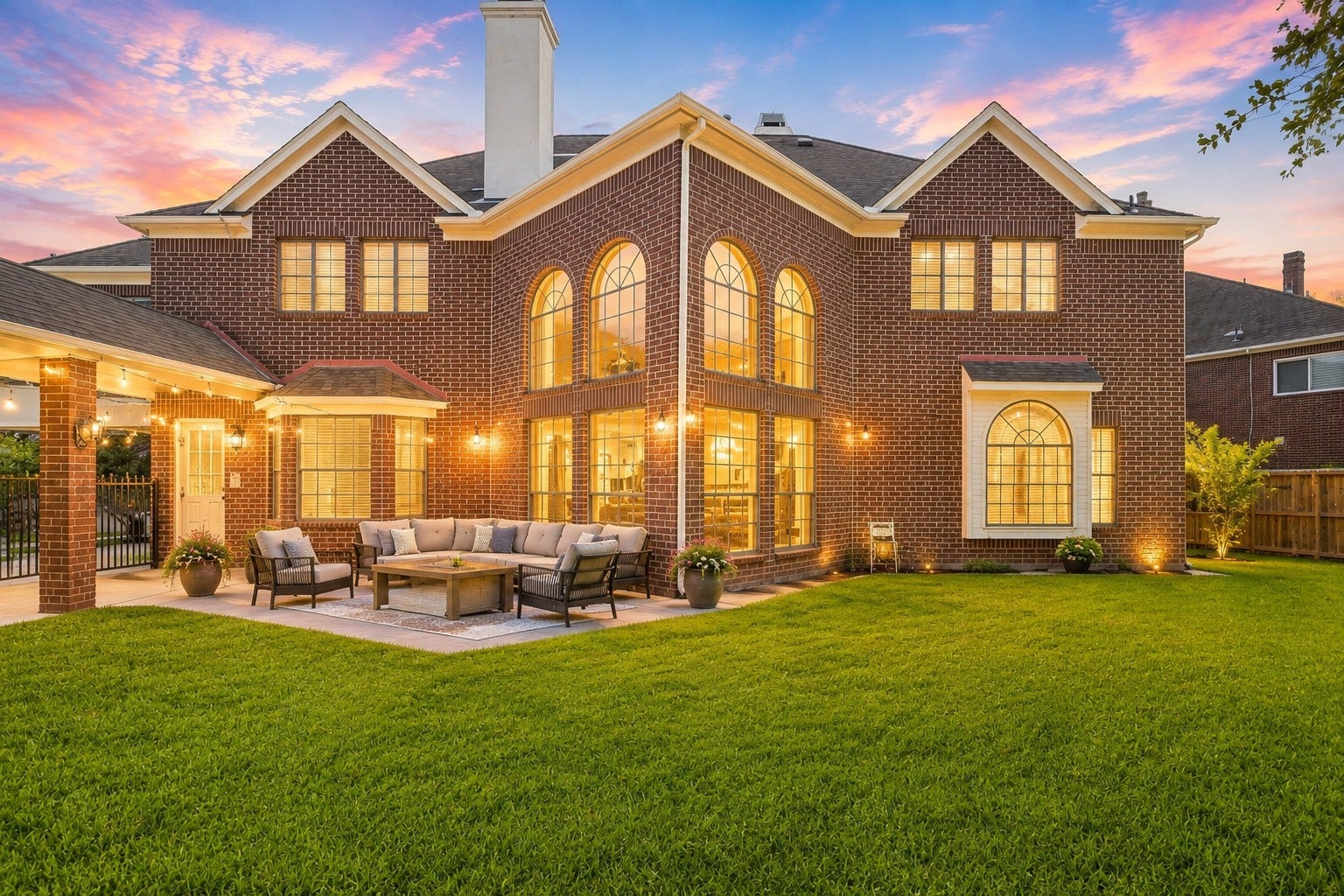 16 Fosters Court, Sugar Land, TX 77479 Virtually Staged: This impressive backyard showcases the homes stately two-story brick exterior, expansive lawn, and striking architectural details, including soaring arched windows that bring abundant natural light into the home