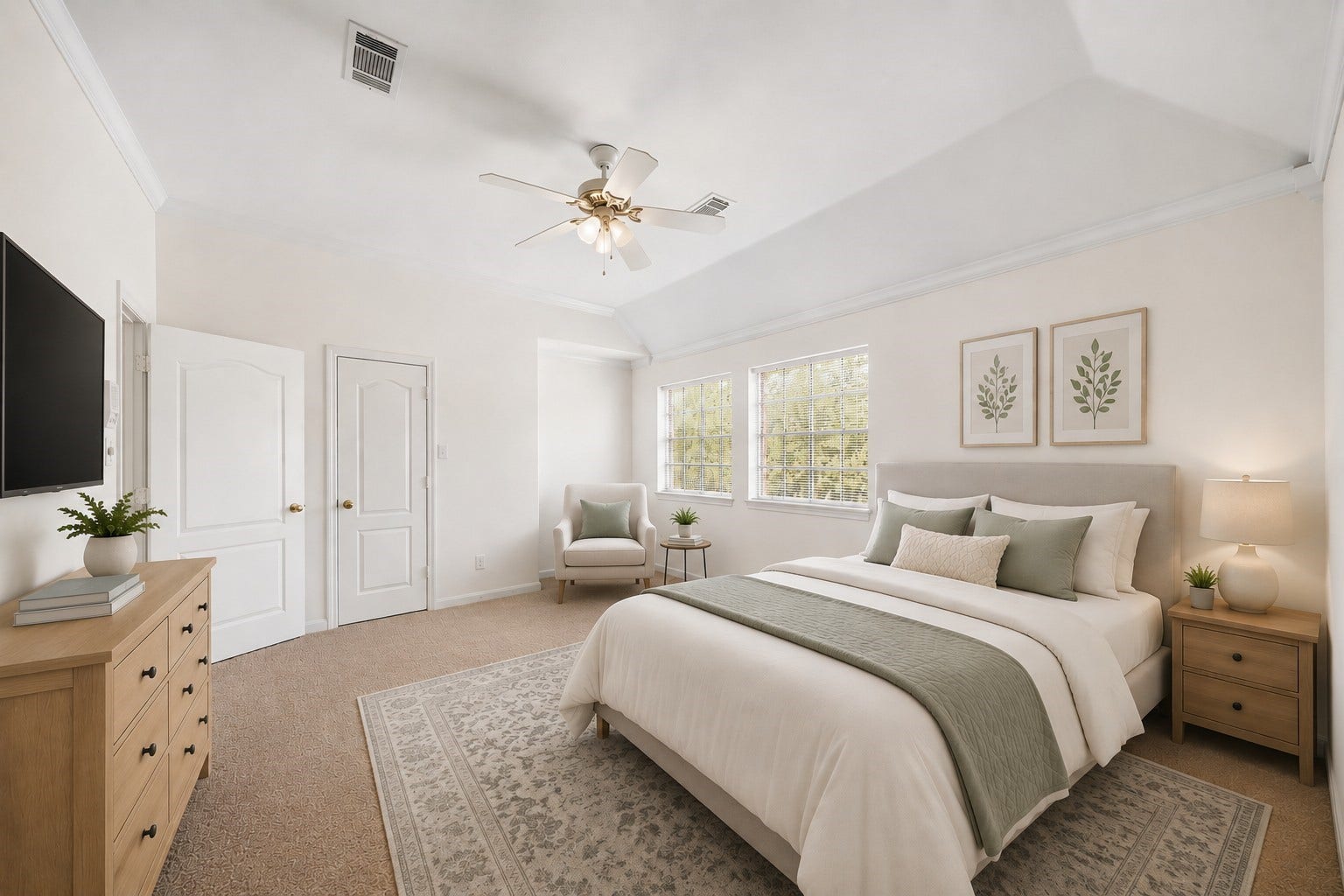 16 Fosters Court, Sugar Land, TX 77479 Virtually Staged: This spacious secondary bedroom features a vaulted ceiling, soft carpeting, and a ceiling fan for added comfort. Two large windows provide abundant natural light, while the generous layout offers plenty of room for a full bedroom suite, additional furniture, or a comfortable sitting area.