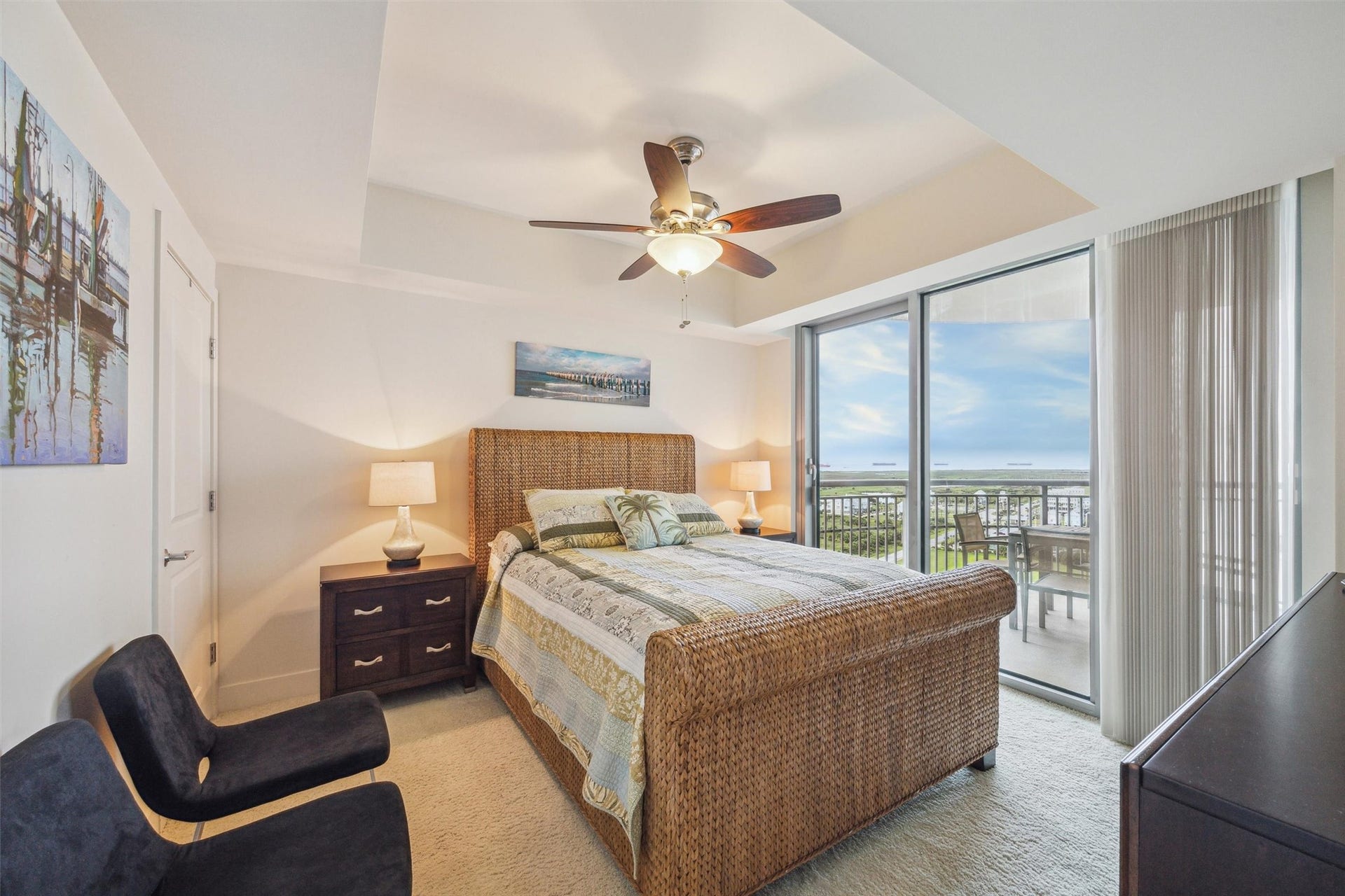 801 E Beach Drive, #TW1600, Galveston, TX 77550 Bedroom 2 with bay views opens to balcony