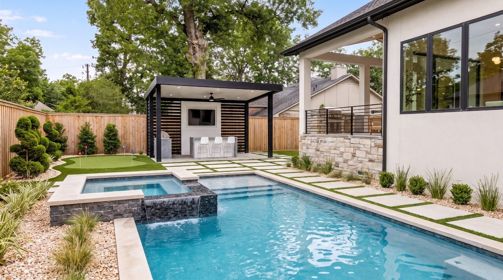 14106 Heatherfield Drive, Houston, TX 77079 Experience resort-style living in this beautifully designed backyard featuring a luxurious swimming pool, elevated spa, and cascading waterfall. The thoughtfully landscaped surroundings showcase manicured greenery, decorative stone borders, and elegant stepping-stone pathways. A private putting green offers outdoor recreation, while the covered pavilion features a built-in grill, bar seating, ceiling fan, and television. These photo have been virtually rendered for visual reference.