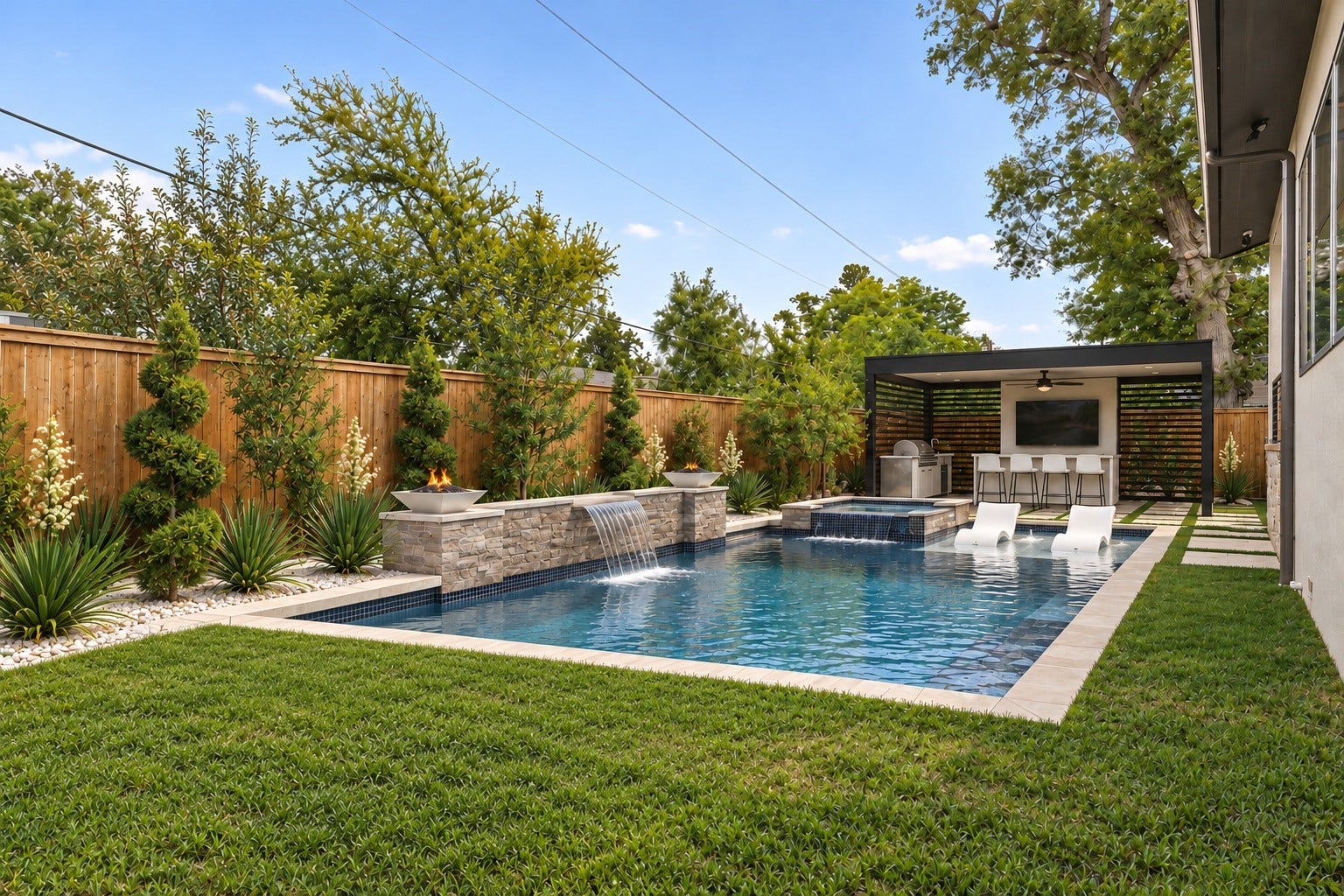 14106 Heatherfield Drive, Houston, TX 77079 Experience resort-style luxury in this beautifully designed backyard oasis featuring a sparkling swimming pool, elegant stone waterfall features, and stunning fire bowls. Lush landscaping, manicured greenery, and a spacious lawn create a peaceful outdoor retreat. The covered entertainment pavilion offers a built-in outdoor kitchen, bar seating, ceiling fan, and mounted television, perfect for hosting gatherings. These photo have been virtually rendered for visual reference.