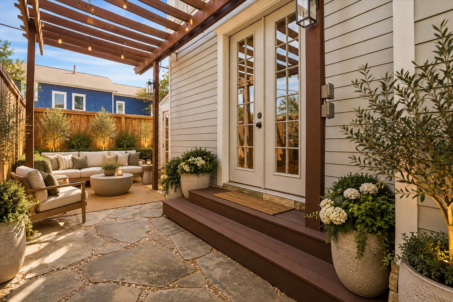 325 E 24th Street, #2, Houston, TX 77008 Extension of the private outdoor patio featuring flagstone paving, a wood pergola, and French doors providing convenient access to the home. Photo is virtually staged.