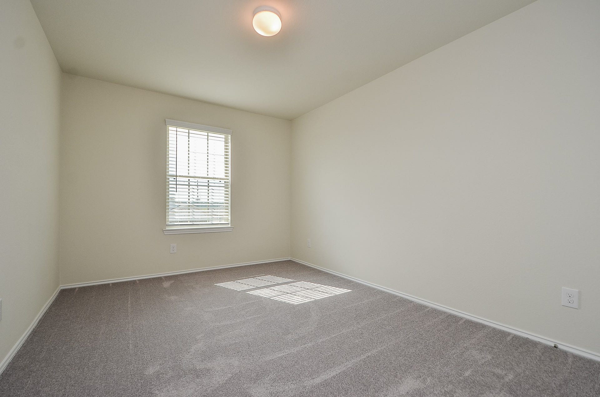 Bedroom 2 features carpet, neutral paint & window treatments.