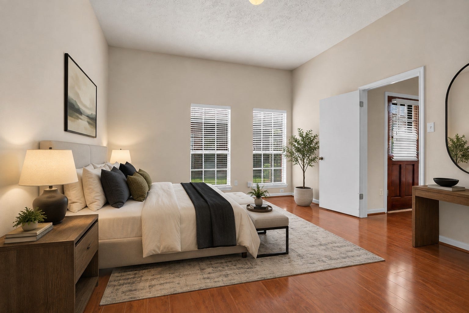 3310 Country Meadows Court, Pearland, TX 77584 View of the primary bedroom featuring a bright interior with a couple of windows overlooking the backyard, bringing in natural light and providing a peaceful outlook to the outdoor space. (Virtually Staged)