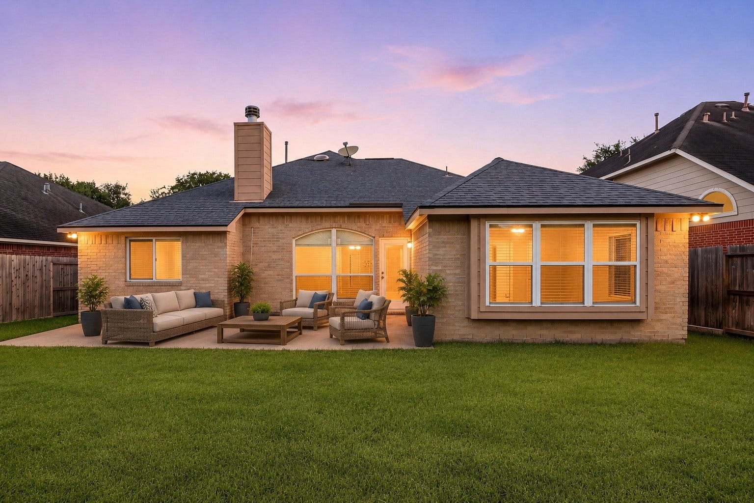 10422 Antelope Alley, Missouri City, TX 77459 A twilight view of the backyard and patio, offering plenty of space to relax, entertain, or enjoy evenings outdoors. Virtually staged.