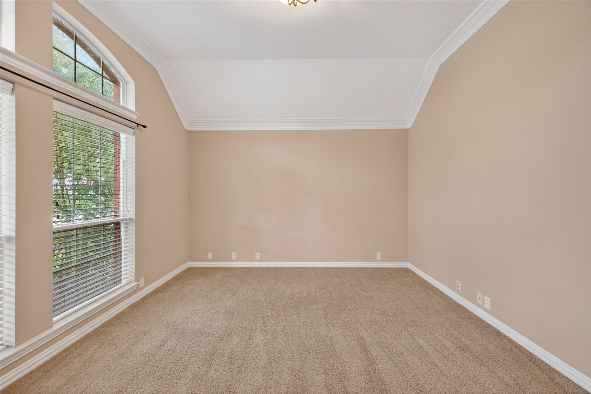 14326 Manorbier Lane, Sugar Land, TX 77498 This room features soft beige walls and carpet flooring, with a large window allowing natural light to brighten the space. The high ceiling with crown molding adds an elegant touch, making it a versatile area for various uses.