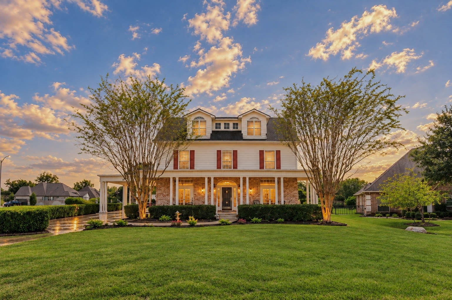 33103 Whickham Circle, Fulshear, TX 77441 Stately Colonial-inspired architecture distinguishes this impressive Weston Lakes residence, highlighted by a sprawling Southern-style front porch, commanding columns, & classic red shutters. The expansive lawn, mature landscaping, and striking symmetrical faade create exceptional curb appeal.