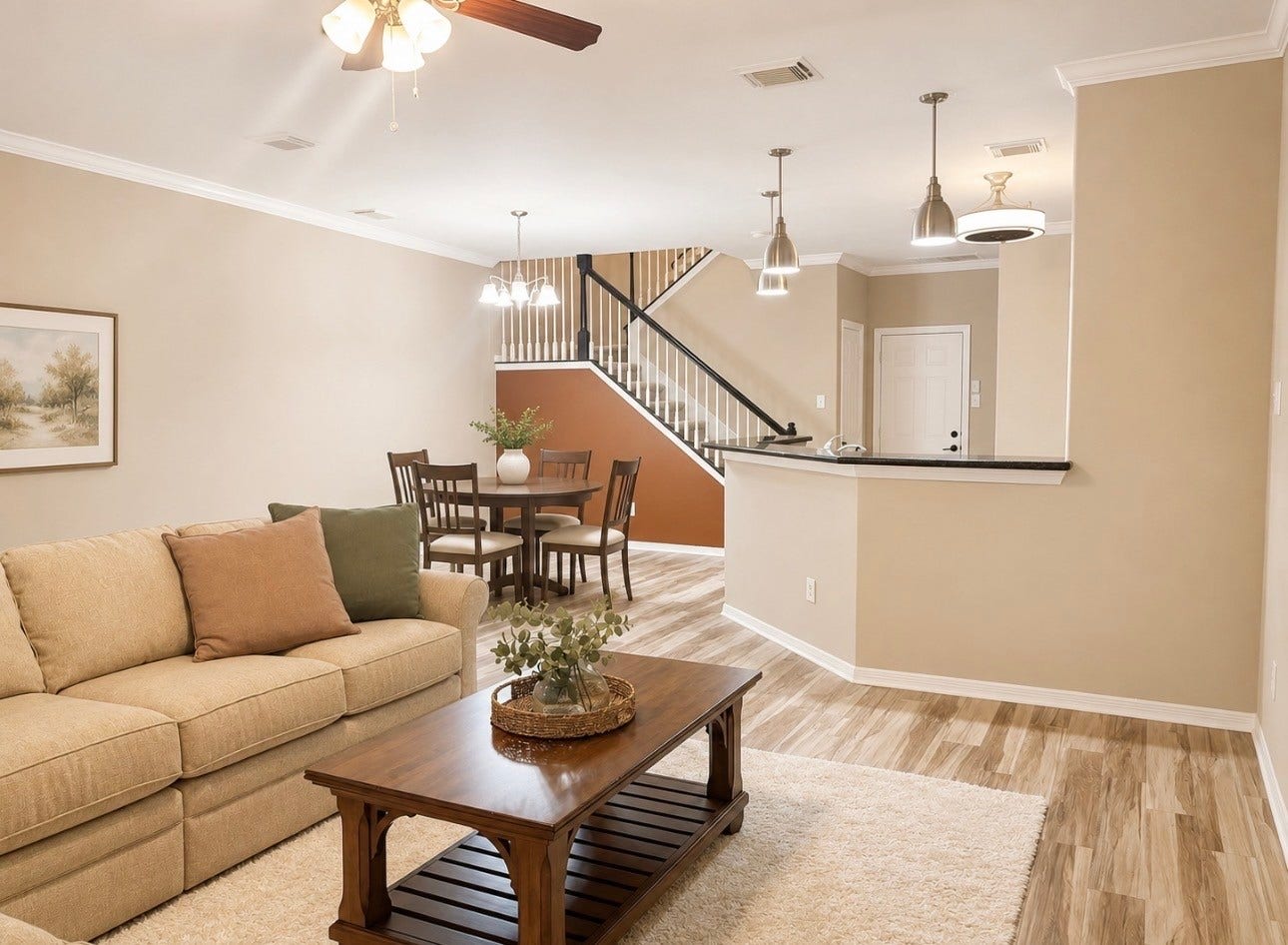 Open concept living.
Dining area virtually staged