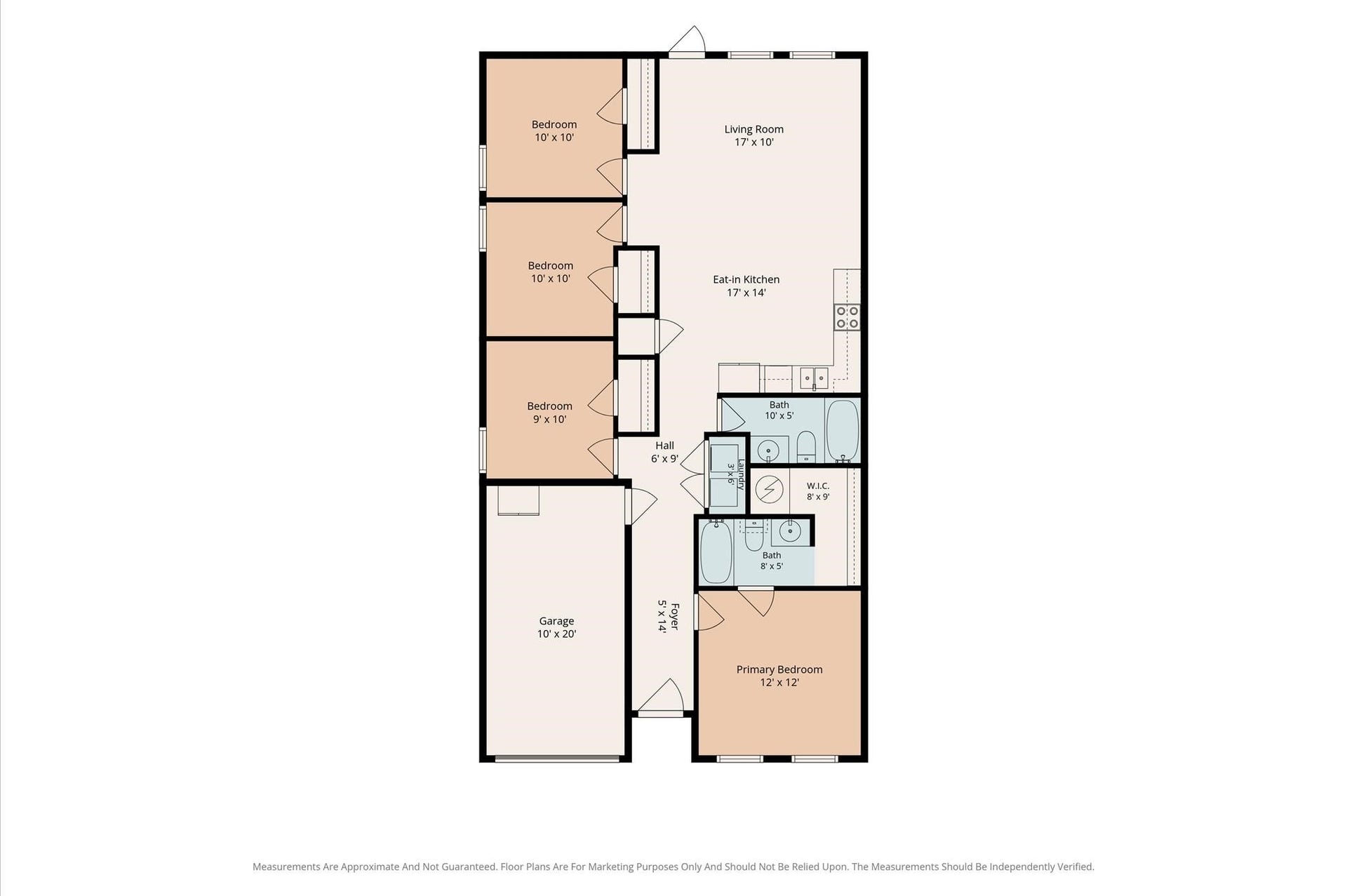 2537 18th Street, Hempstead, TX 77445 Discover This Thoughtfully Designed 4-Bedroom Home Layout!*
This well-appointed 4-bedroom, 2-bath floor plan provides comfort and functionality for modern living. Step from the foyer into the spacious eat-in kitchen and open living area, perfect for entertaining. One private wing features the primary bedroom with its own ensuite bath and a large walk-in closet, plus a convenient adjacent laundry nook. Three additional bedrooms share a central hallway and a second full bathroom, offering plenty of space a