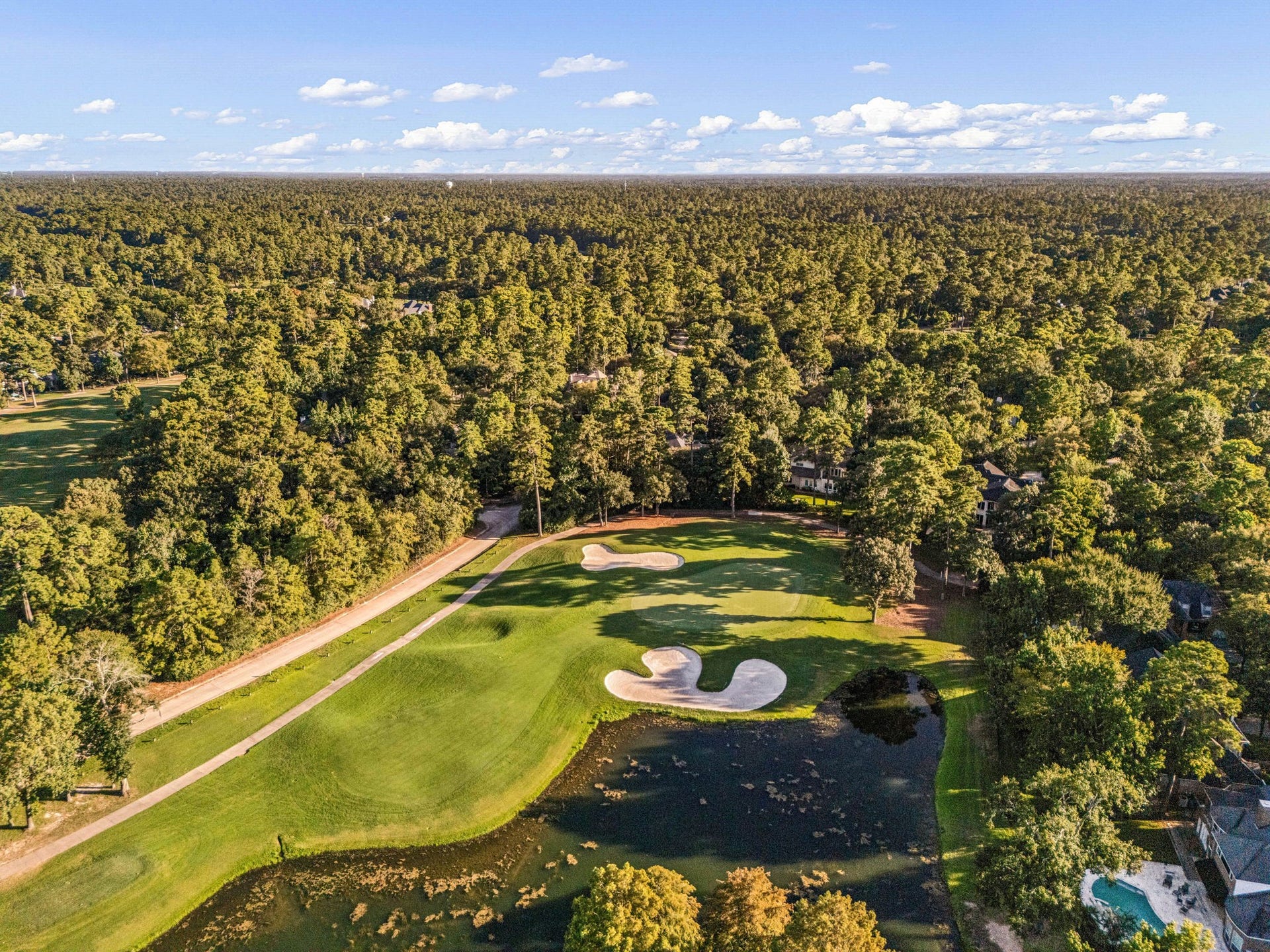 205 Purple Slate Place, The Woodlands, TX 77381 The pristine fairways and rolling terrain of the prestigious Palmer Golf Course. This view captures the emerald green fairways, strategic sand bunkers, and tranquil water features framed by a dense canopy of soaring Texas pines. Living just steps from this legendary championship layout delivers a resort-style daily environment that defines the upscale charm of The Woodlands Country Club.