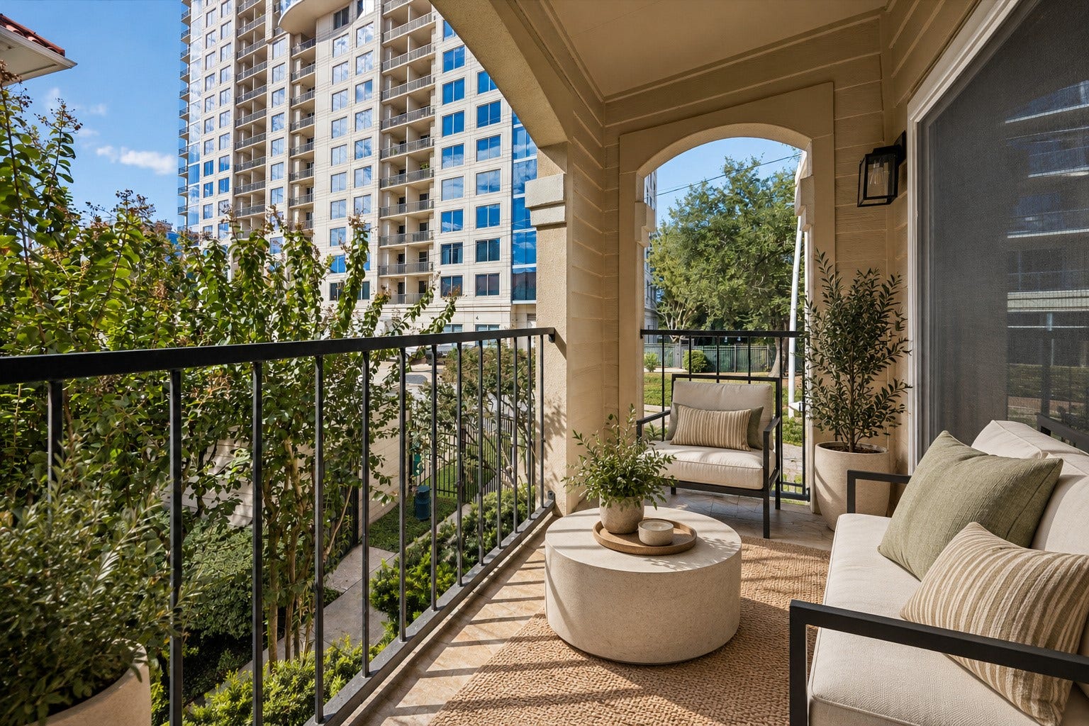 3231 Allen Parkway, #1216, Houston, TX 77019 Unit comes with 2 parking spots in covered garage parking (not assigned parking spots). Enjoy numerous amenities: resort-style pool, fitness center, clubhouse, outdoor grills, dog run, secure bike storage and a security patrol! Photo is virtually stage.
