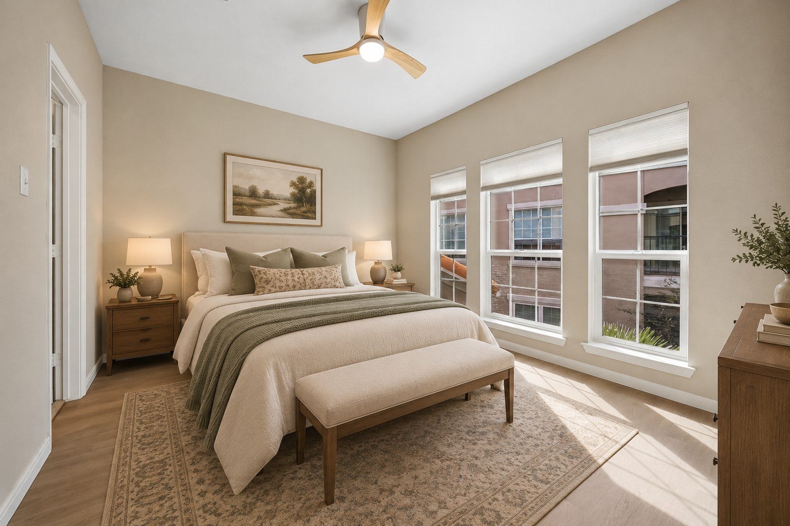 3231 Allen Parkway, #1216, Houston, TX 77019 Spacious light-filled secondary bedroom updated with new LVT flooring, new ceiling fan & three large windows, w/ window treatments, offering abundant natural light. Wonderful flexibility for use as a guest bedroom, home office or additional living space! Not shown is a large walk-in closet. Photo is virtually stage.