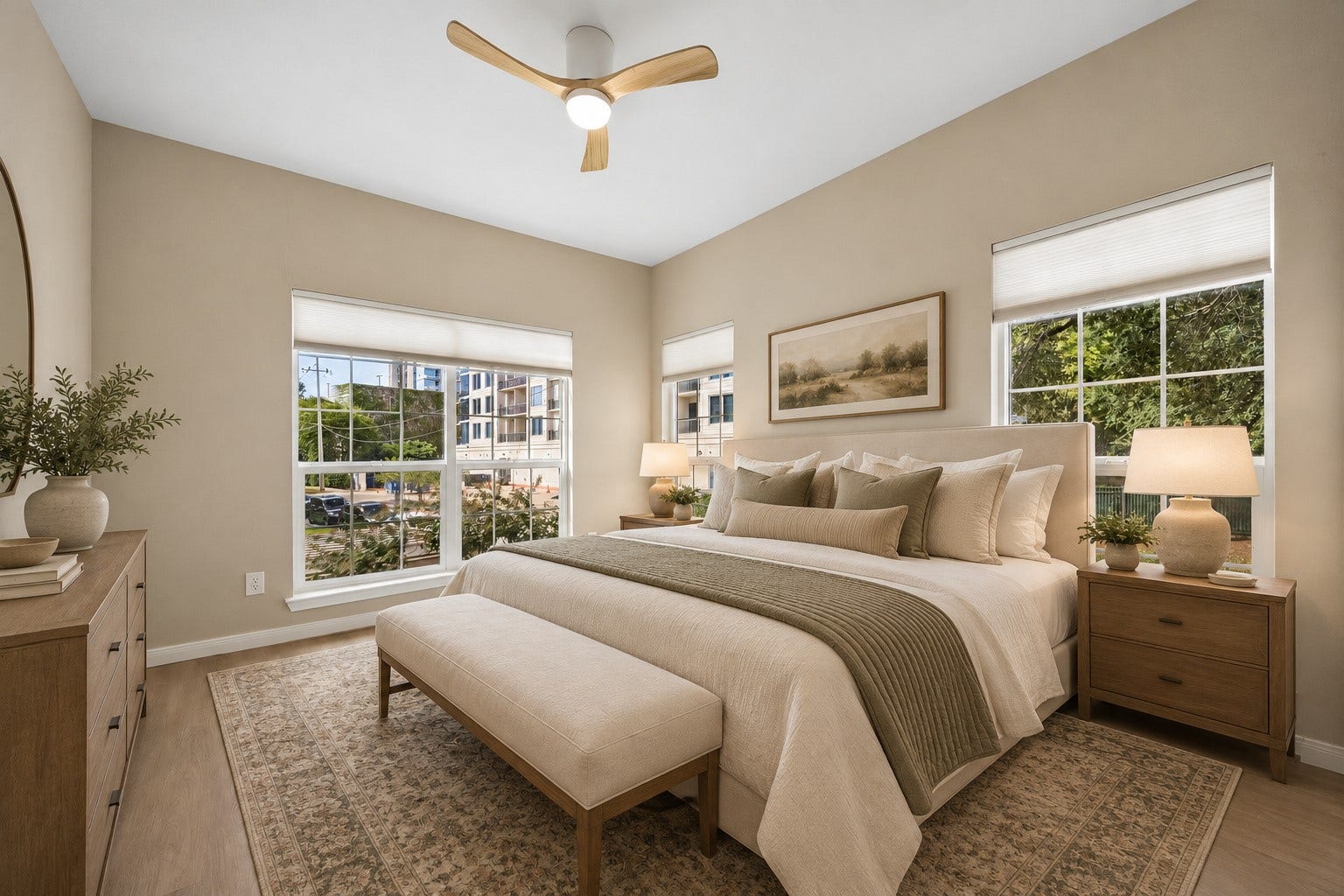 3231 Allen Parkway, #1216, Houston, TX 77019 Spacious updated primary bedroom featuring new LVT flooring, a new ceiling fan w/ light & three large windows offering abundant natural light. Generous space for a king-sized bed & additional furnishings. Lovely views of the landscaped community grounds create a peaceful retreat! Not shown isa generous primary walk-in closet featuring extensive custom shelving, hanging rods & convenient pull-out storage drawers. Wonderful storage & organization! Photo is virtually stage.