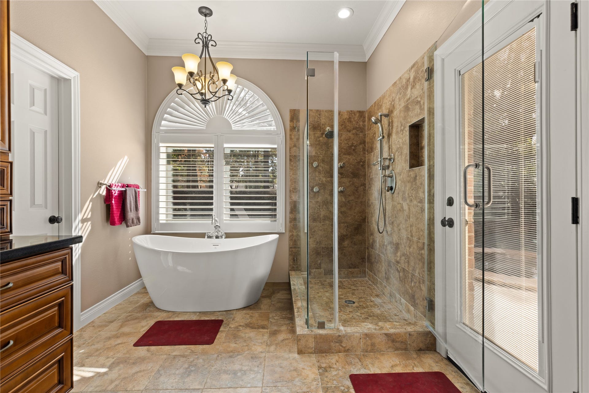 2214 Kings Trail, Kingwood, TX 77339 Primary bathroom with soaking tub, separate shower, with direct access to the pool/spa area