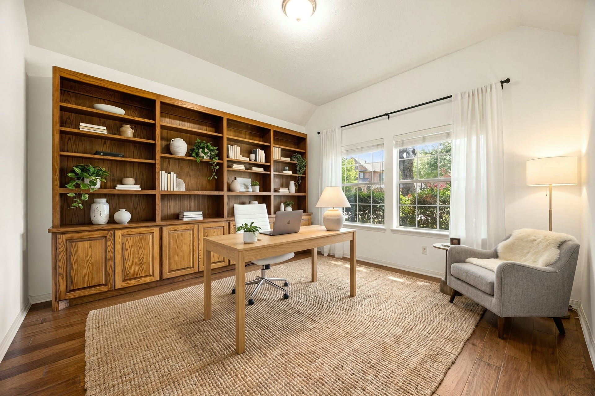 9430 Amethyst Arbor Lane, Katy, TX 77494 Tucked quietly away, this exceptional home office features a massive, full-wall custom oak bookcase that anchors the room with classic character. *Virtually Staged - custom oak bookcase is not virtual and is in the home.