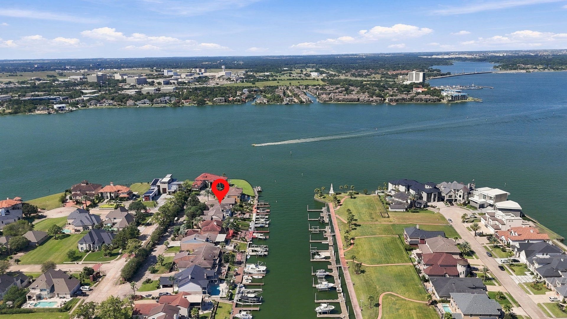 932 Plantation Street, League City, TX 77573 Additional aerial view of the home's canal-front location on Clear Lake.